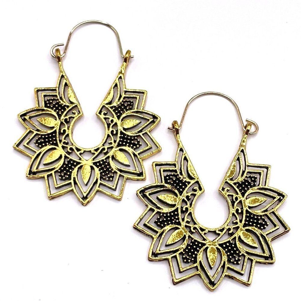 Yellow Gold Boho Detailed Floral Leaf Dangling Drop Hinged Hook Earrings